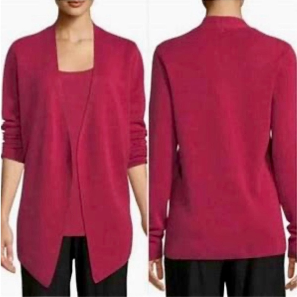 Eileen Fisher Angle Front Silk Blend Open Front Cardigan in Raspberry - Size XL